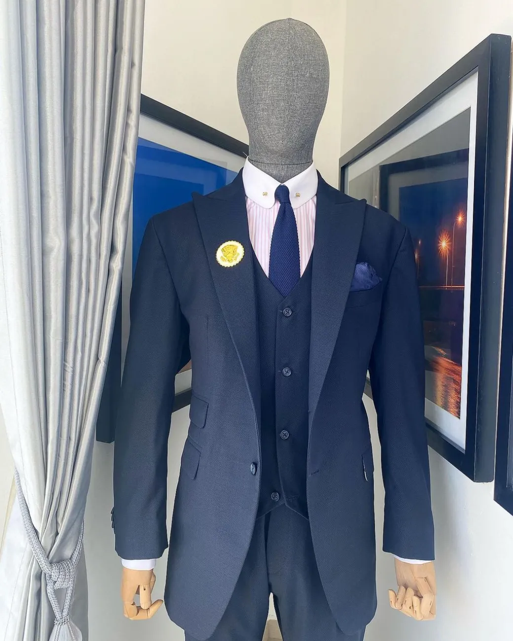 A Navy Blue Nobility Fabric “Board Room” 3 Piece Peak Lapel Suit