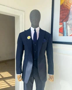 A Navy Blue Nobility Fabric “Board Room” 3 Piece Peak Lapel Suit
