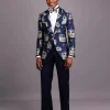 A Navy Blue Peak Lapel, Dispersed Crown Metallic Jacquard Tuxedo Suit And Wide Cut Pant Trouser.
