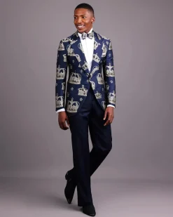A Navy Blue Peak Lapel, Dispersed Crown Metallic Jacquard Tuxedo Suit And Wide Cut Pant Trouser.