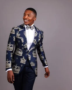 A Navy Blue Peak Lapel, Dispersed Crown Metallic Jacquard Tuxedo Suit And Wide Cut Pant Trouser.