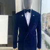 A Navy Blue Peak Lapel Double Breasted Soaked Italian Velvet Tuxedo Suit