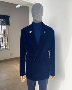 A Navy Blue peak lapel double breasted soaked Italian velvet tuxedo suit
