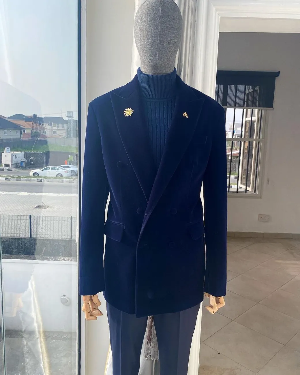 A Navy Blue peak lapel double breasted soaked Italian velvet tuxedo suit