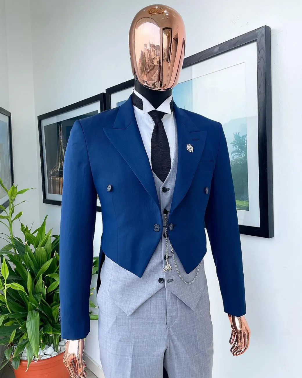 A Navy Blue Peak Lapel Tail Suit