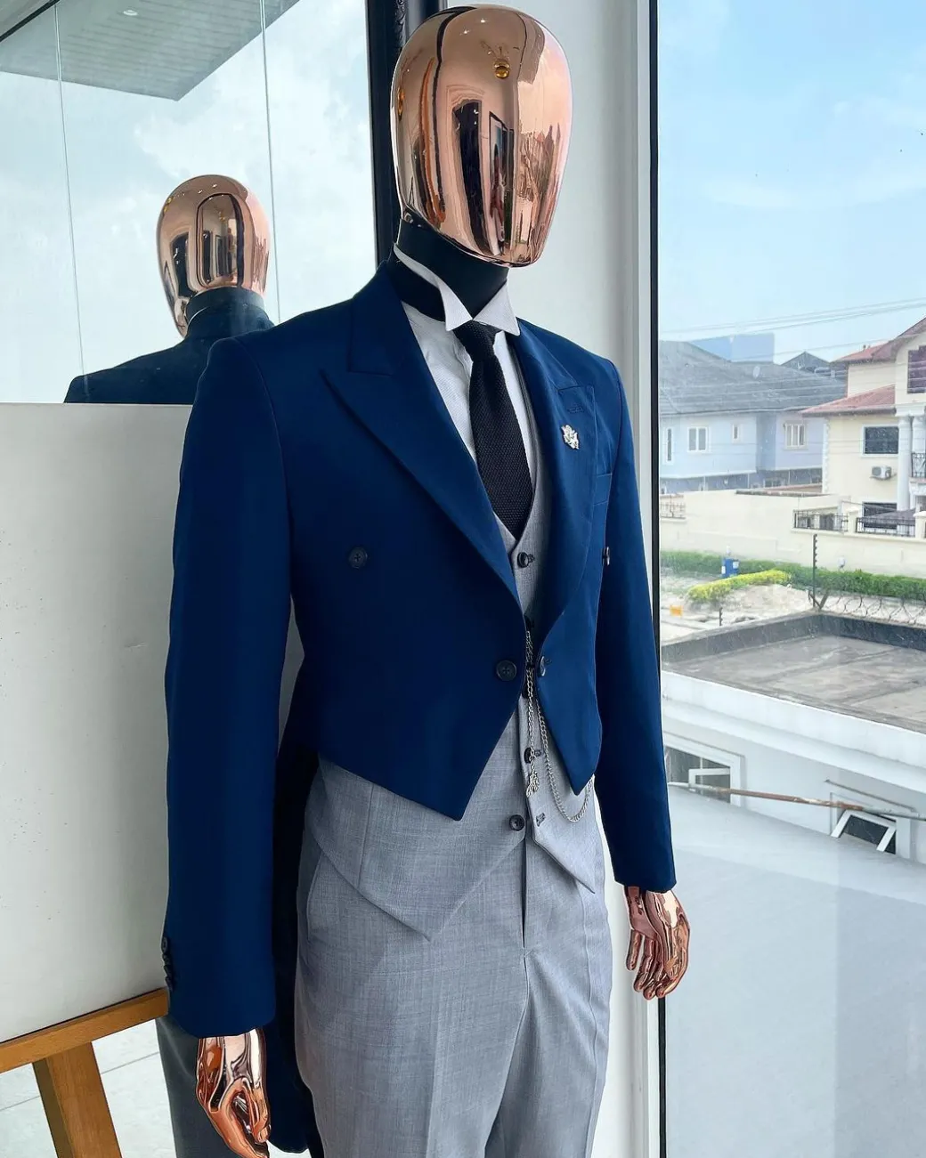 A Navy Blue Peak Lapel Tail Suit