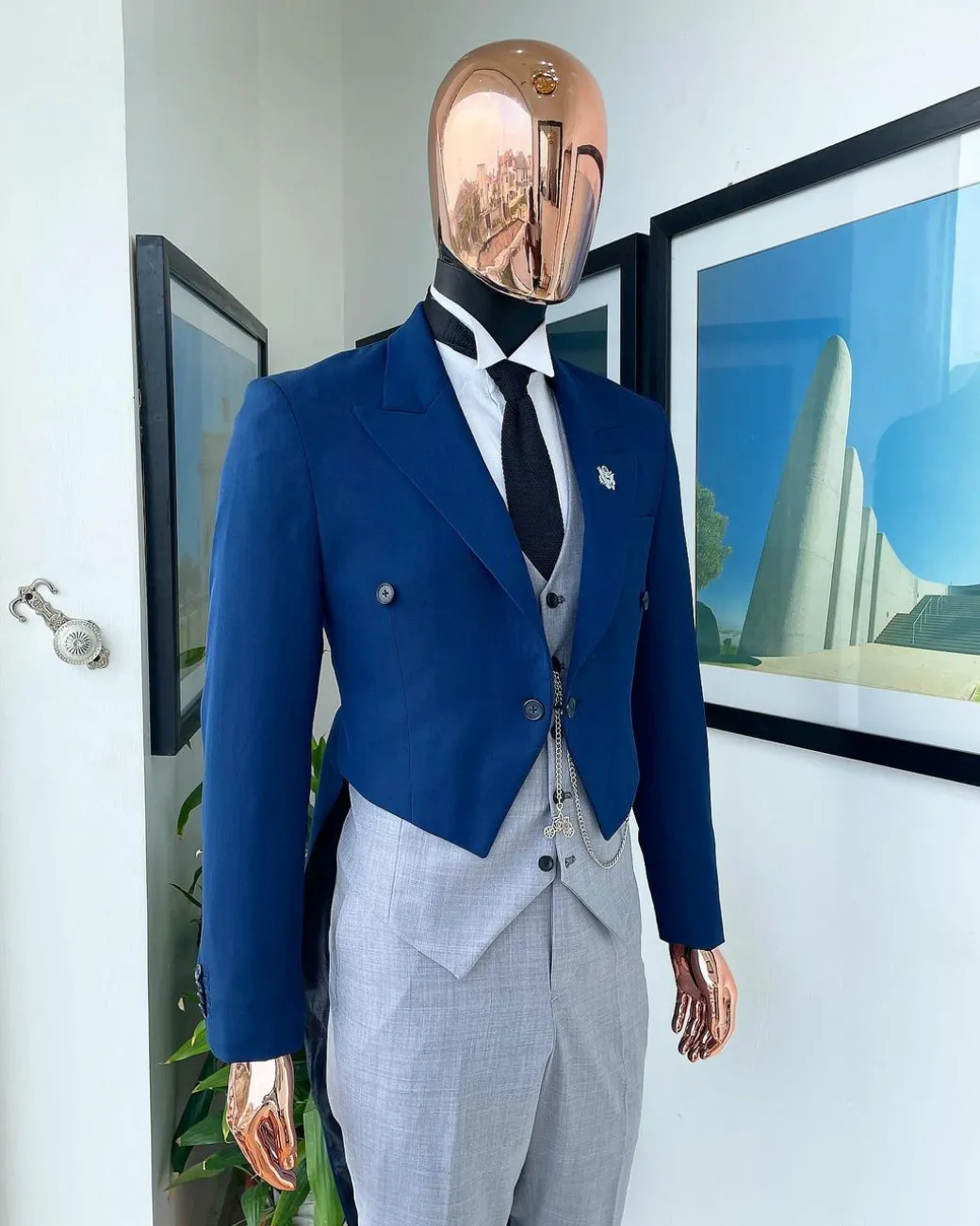 A Navy Blue Peak Lapel Tail Suit
