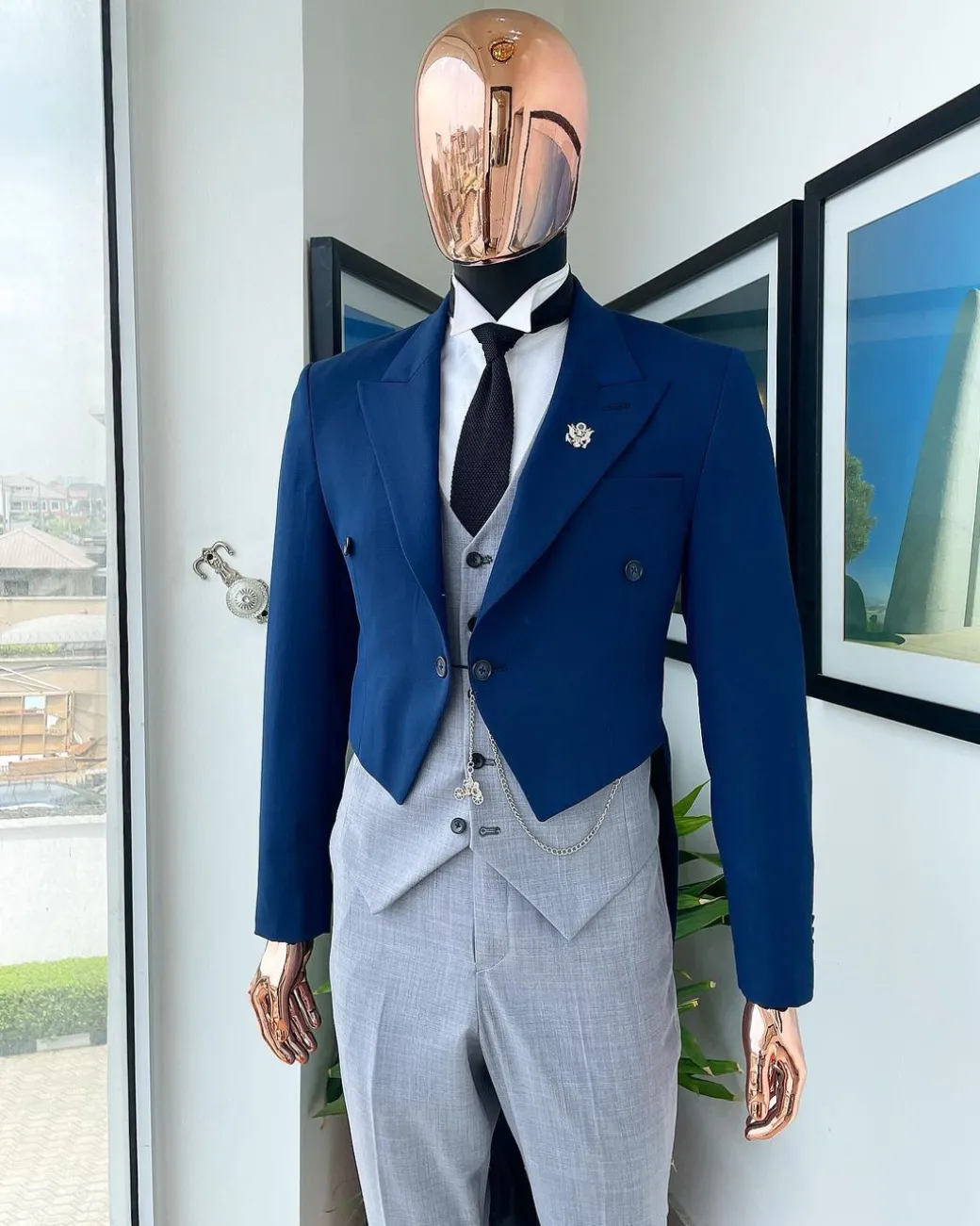 A Navy Blue Peak Lapel Tail Suit