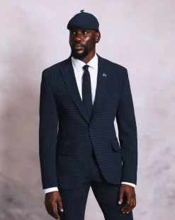 A Navy Blue “Peaky Blinder” Seersucker, Reversed Stripe Peak Lapel Suit