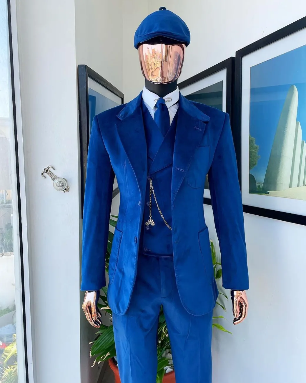 A Navy Blue “peaky blinders” monochrome velvet, hand knitted notch lapel suit