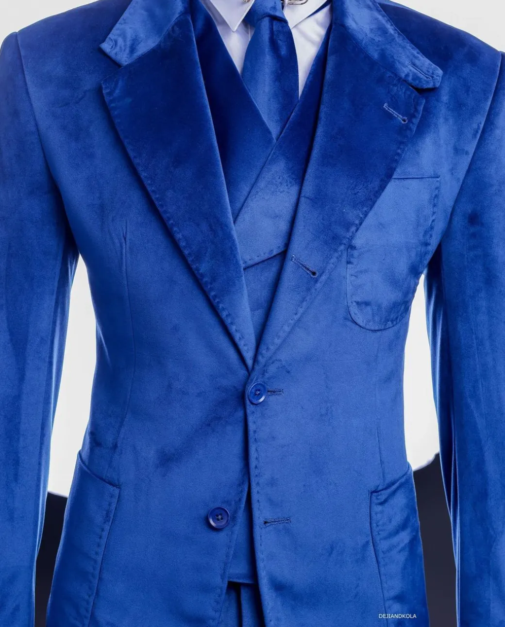 A Navy Blue “peaky blinders” monochrome velvet, hand knitted notch lapel suit