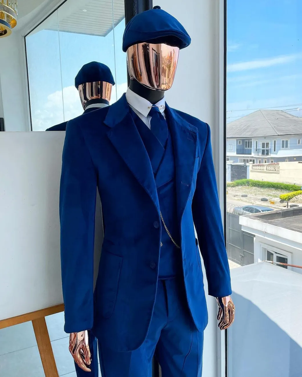 A Navy Blue “peaky blinders” monochrome velvet, hand knitted notch lapel suit
