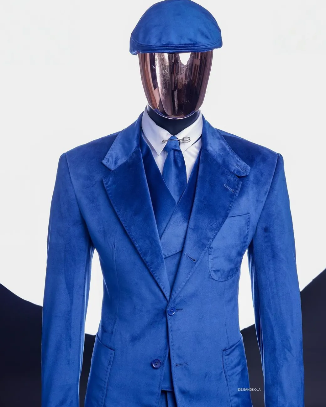 A Navy Blue “peaky blinders” monochrome velvet, hand knitted notch lapel suit
