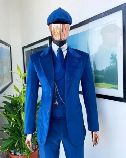 A Navy Blue “peaky blinders” monochrome velvet, hand knitted notch lapel suit