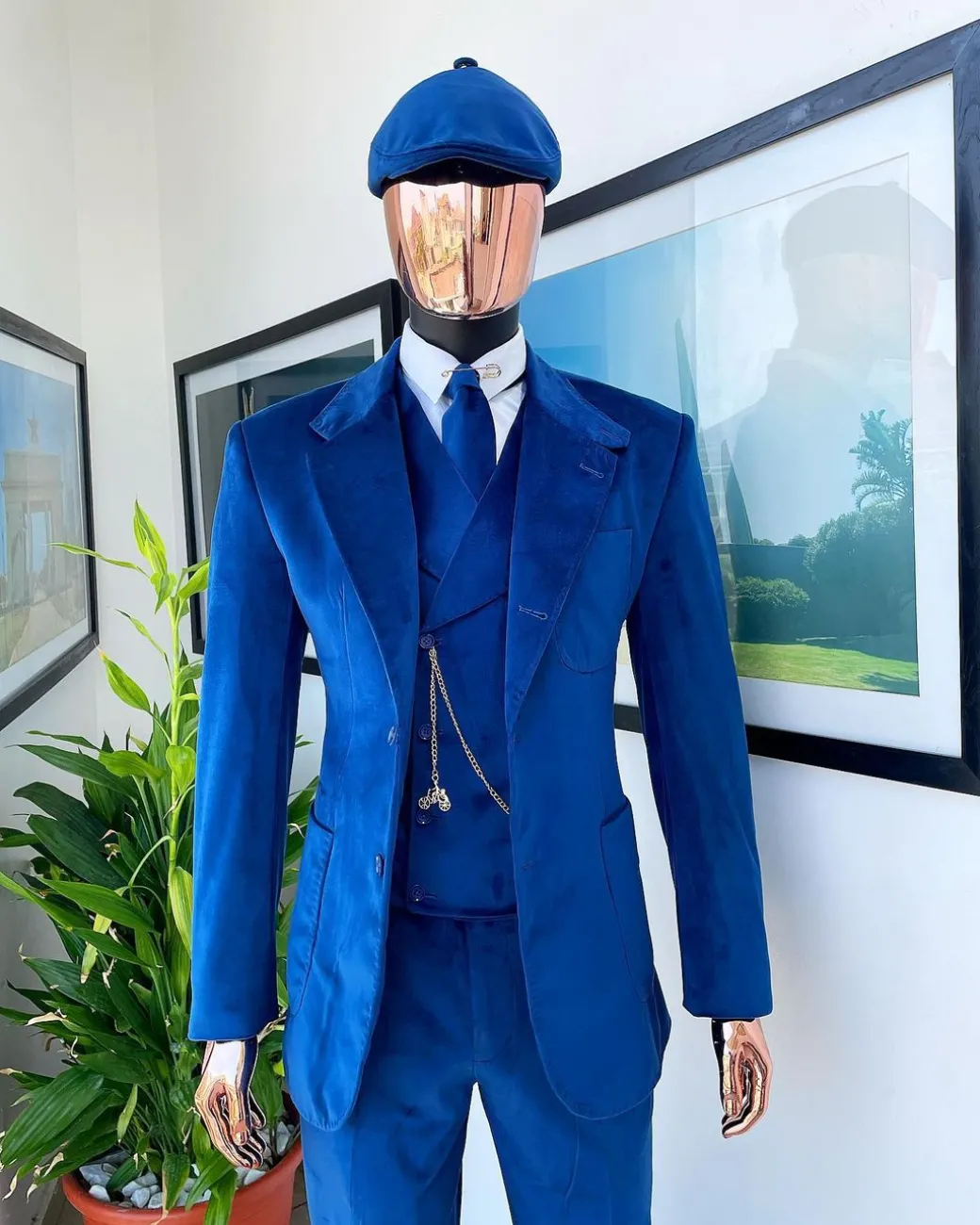 A Navy Blue “peaky blinders” monochrome velvet, hand knitted notch lapel suit