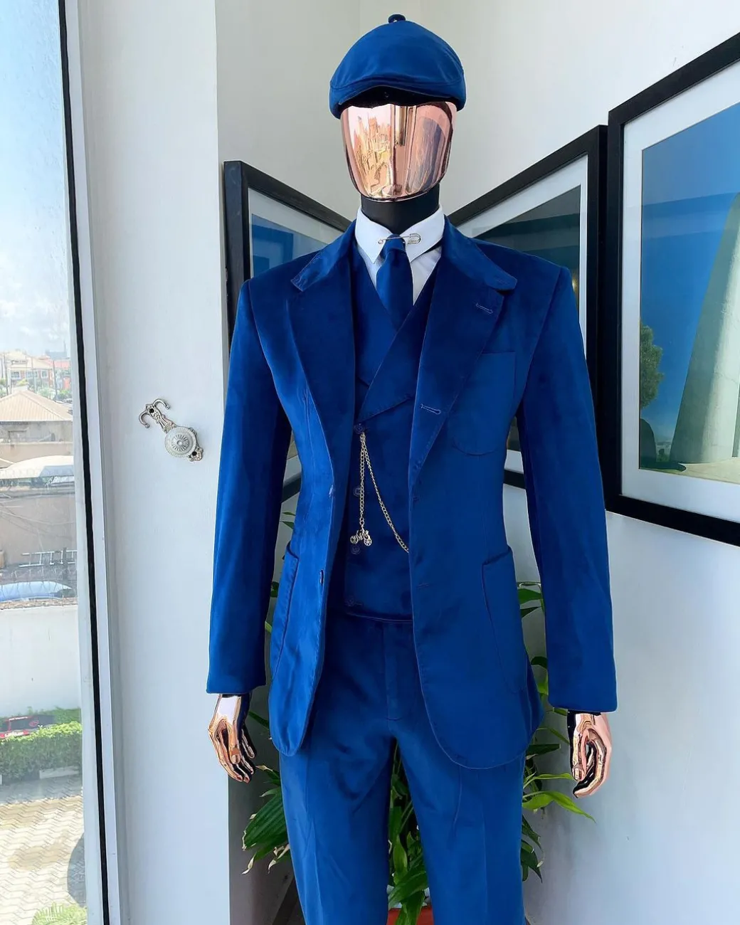 A Navy Blue “peaky blinders” monochrome velvet, hand knitted notch lapel suit