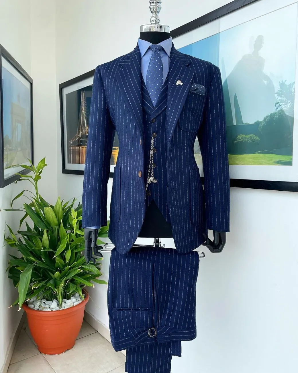 A Navy blue pencil stripe – Jorgecarli super 110’s- “Board Room” notch lapel patch pocket suit