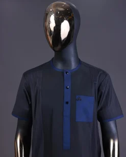 A Navy blue pencil stripe on black, black front with matching blue-black Swarovski button detailing kaftan and Sokoto