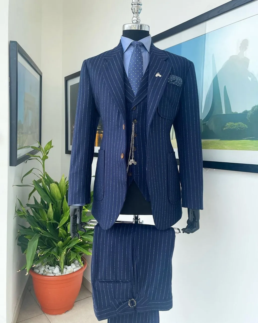 A Navy blue pencil stripe – Jorgecarli super 110’s- “Board Room” notch lapel patch pocket suit