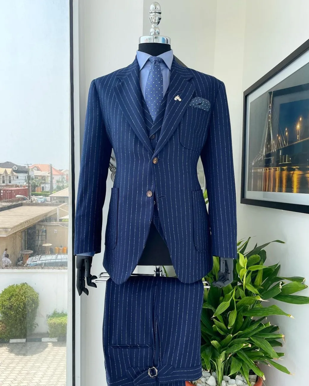 A Navy blue pencil stripe – Jorgecarli super 110’s- “Board Room” notch lapel patch pocket suit