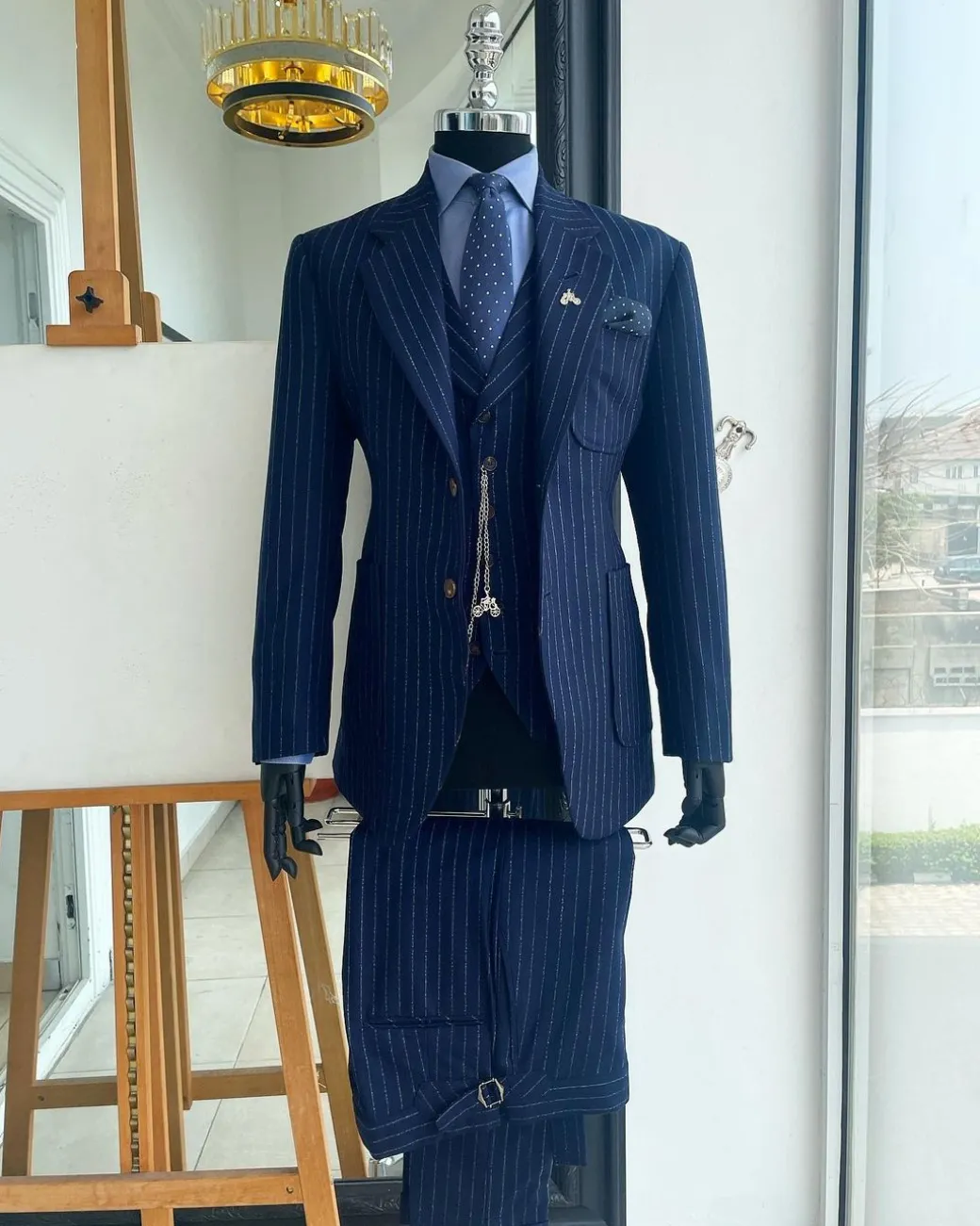 A Navy blue pencil stripe – Jorgecarli super 110’s- “Board Room” notch lapel patch pocket suit