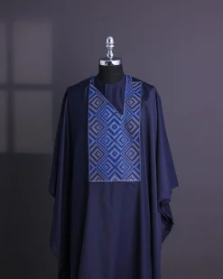 A Navy Blue, perspective square with keke Elemu embroidery details Agbada