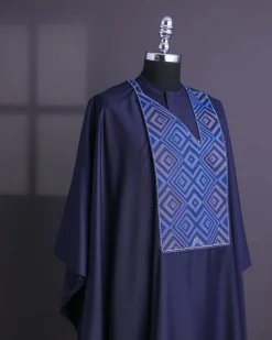 A Navy Blue, perspective square with keke Elemu embroidery details Agbada