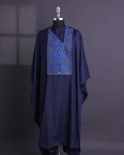 A Navy Blue, perspective square with keke Elemu embroidery details Agbada