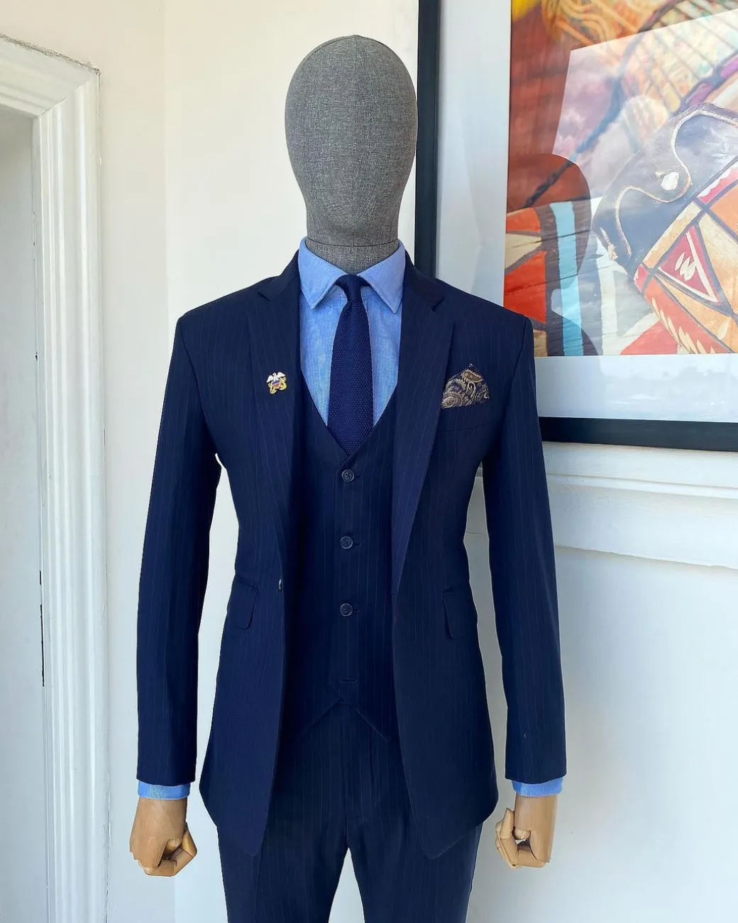 A Navy Blue Pin Stripe Double Breasted – “Board Room” Notch Lapel Suit