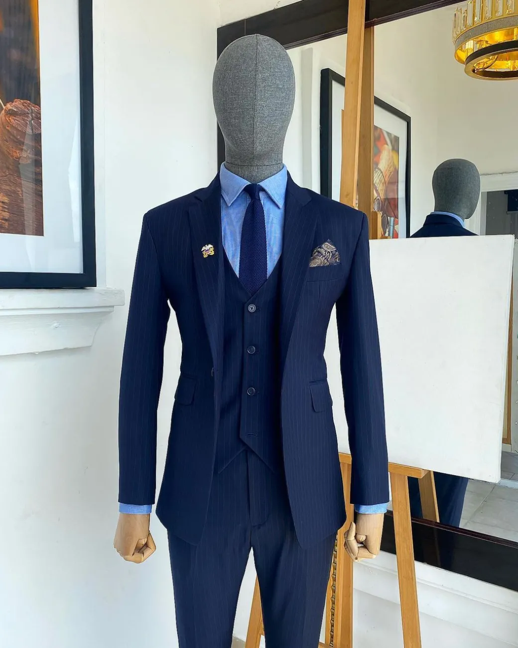 A Navy Blue Pin Stripe Double Breasted – “Board Room” Notch Lapel Suit