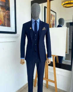 A Navy Blue Pin Stripe Double Breasted – “Board Room” Notch Lapel Suit