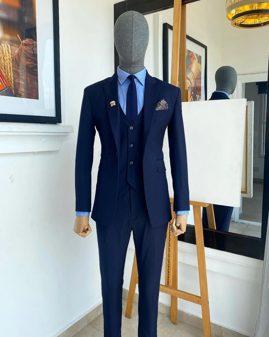 A Navy Blue Pin Stripe Double Breasted – “Board Room” Notch Lapel Suit