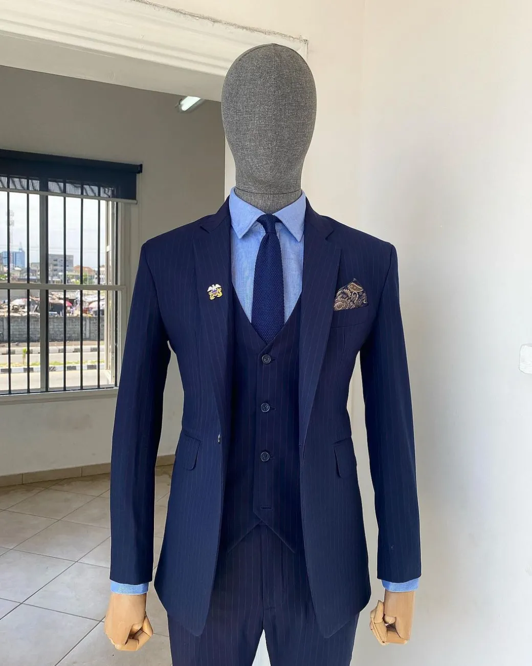 A Navy Blue Pin Stripe Double Breasted – “Board Room” Notch Lapel Suit