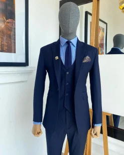A Navy Blue Pin Stripe Double Breasted – “Board Room” Notch Lapel Suit