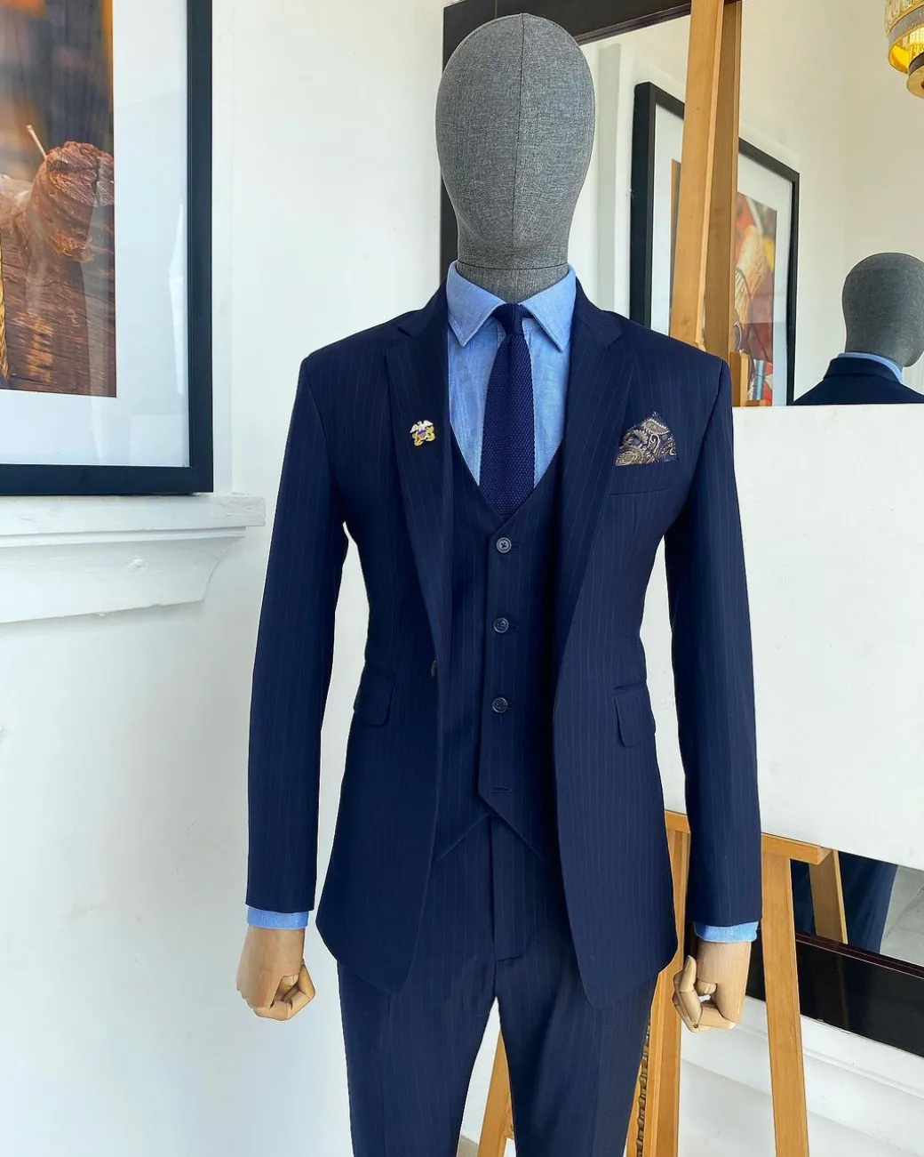 A Navy Blue Pin Stripe Double Breasted – “Board Room” Notch Lapel Suit