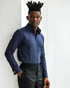 A Navy blue plaid check, high collar business shirt.