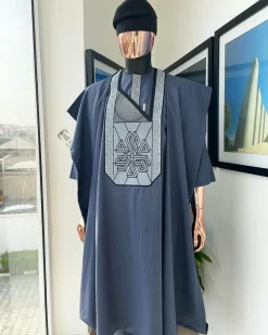 A Navy blue precision cloud & anchor embroidery Agbada