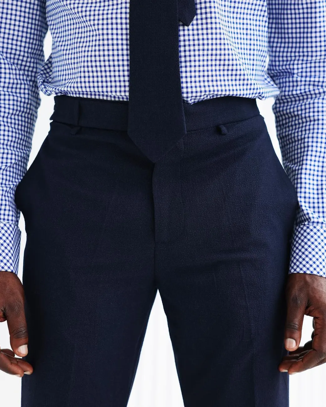 A Navy Blue, Seer Sucker, Wide Cut Pant With Side Metal Adjuster