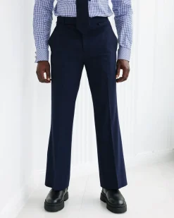 A Navy Blue, Seer Sucker, Wide Cut Pant With Side Metal Adjuster