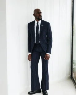 A Navy Blue, Seersucker, Reversed Pin Stripe Peak Lapel Suit