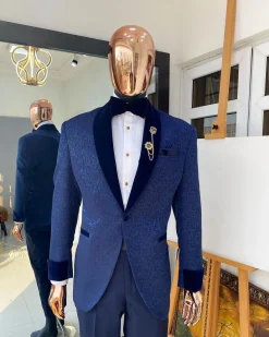 A Navy blue shawl lapel floral pattern jacquard blazer suit