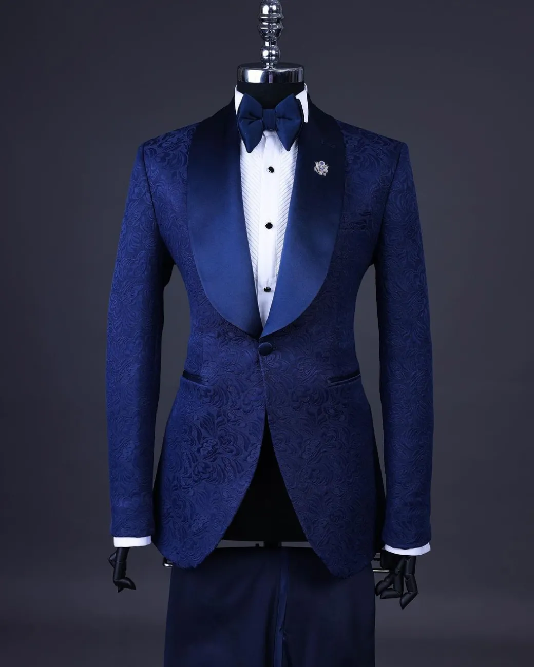 A Navy Blue, Shawl Lapel Floral Jacquard Tuxedo Suit