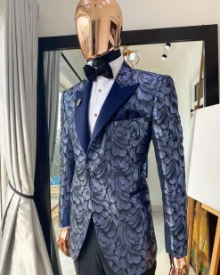 A Navy blue shawl lapel floral pattern jacquard blazer suit
