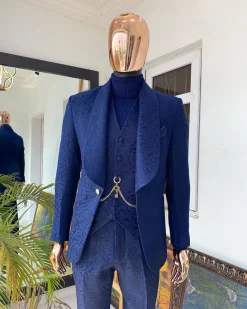 A Navy blue shawl lapel floral pattern jacquard tuxedo suit