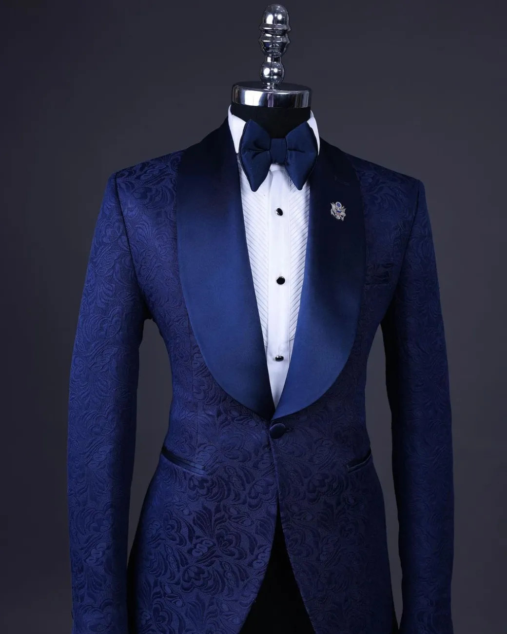 A Navy Blue, Shawl Lapel Floral Jacquard Tuxedo Suit