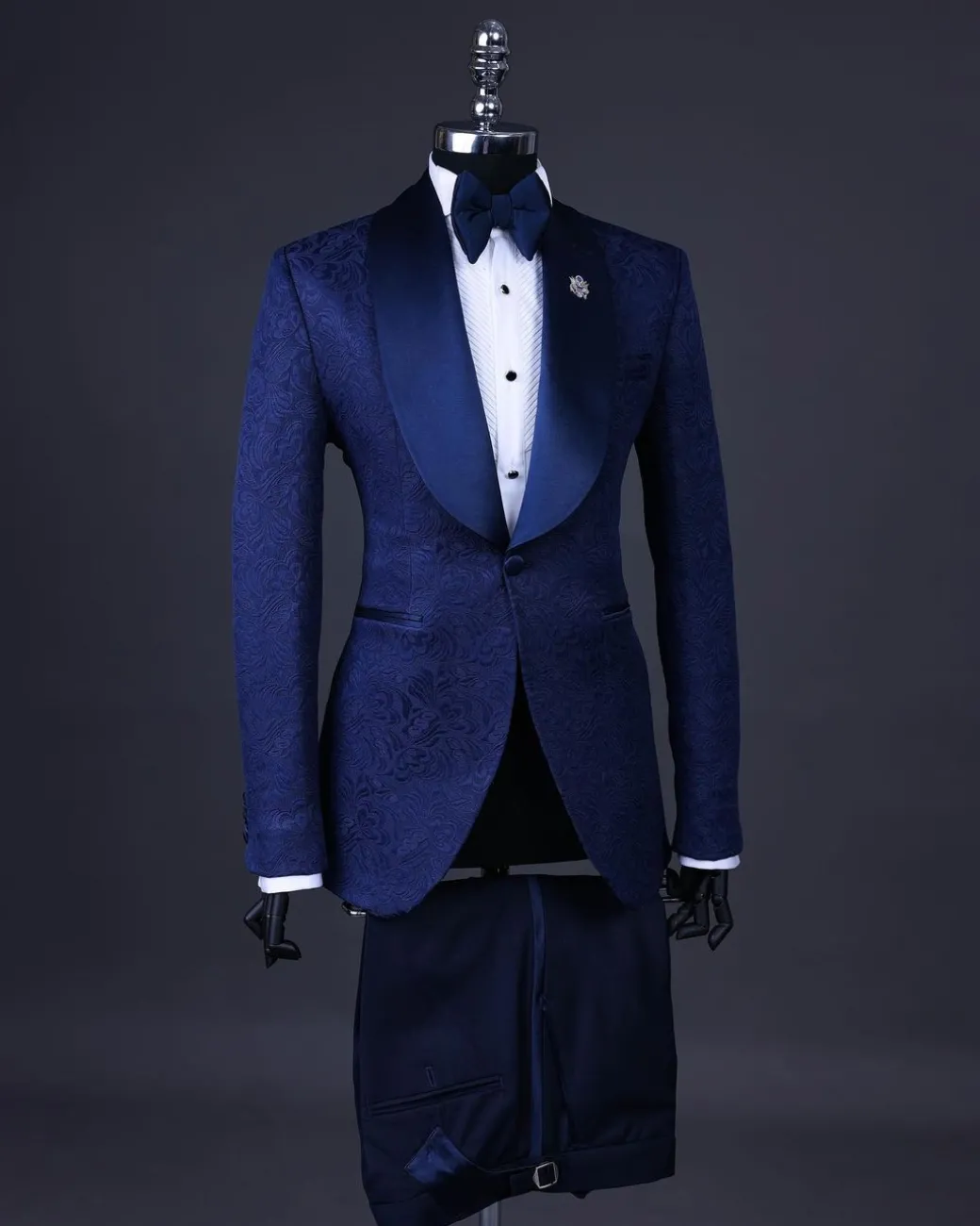 A Navy Blue, Shawl Lapel Floral Jacquard Tuxedo Suit