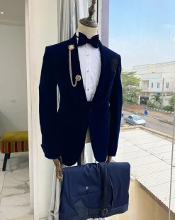 A Navy blue Shawl lapel Italian velvet tuxedo suit