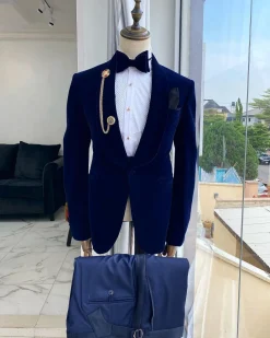 A Navy blue Shawl lapel Italian velvet tuxedo suit