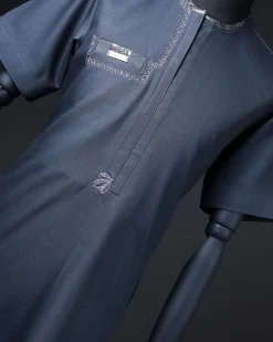 A Navy blue, silver, and black piped neck spiral embroidery detailing African traditional senator kaftan native.