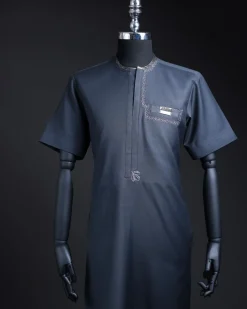 A Navy blue, silver, and black piped neck spiral embroidery detailing African traditional senator kaftan native.